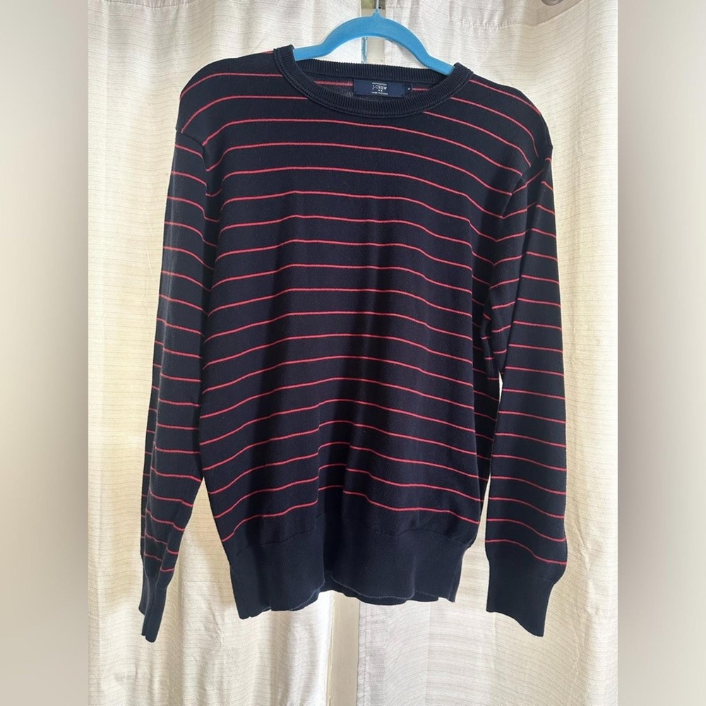 J.Crew Men's Black and Red Striped Sweater